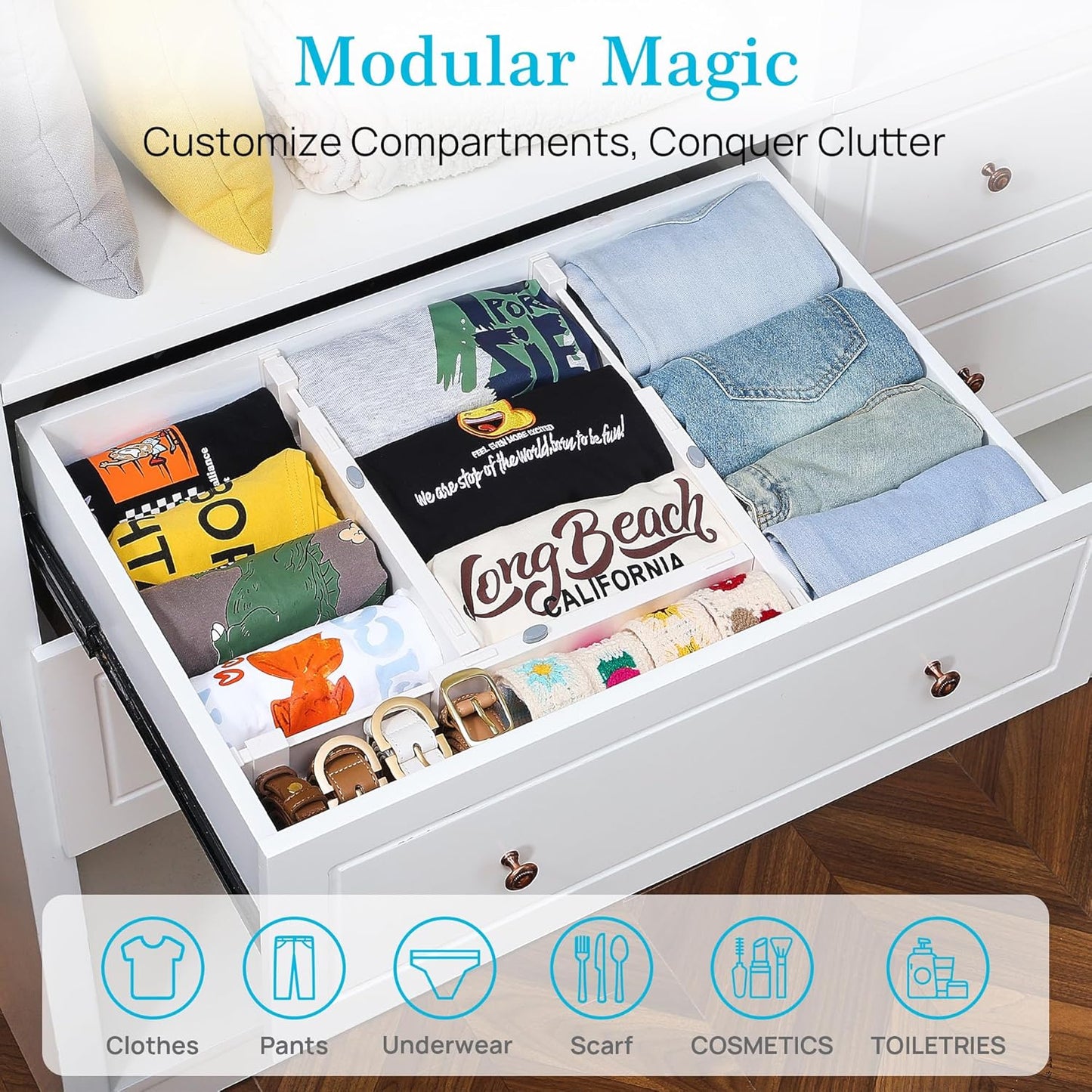 16 Pack Drawer Dividers for Clothes, 4" High 11.3"-17" Adjustable Expandable Dresser Drawer Organizer, Plastic Drawers Separator for Dresser, Baby Clothes, Underwear, Kitchen & Office Storage