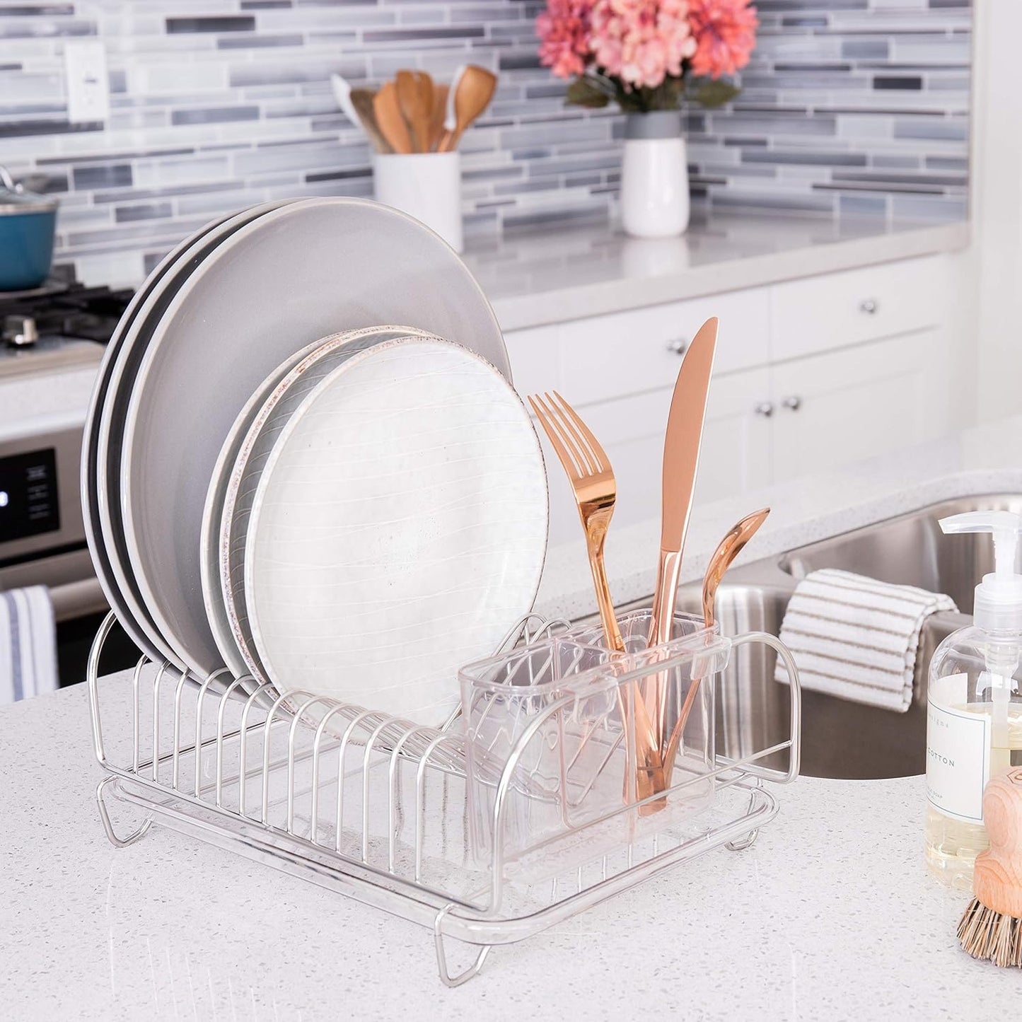 Stainless Steel Dish Drainer with Clear Plastic Tray and Cutlery Holder