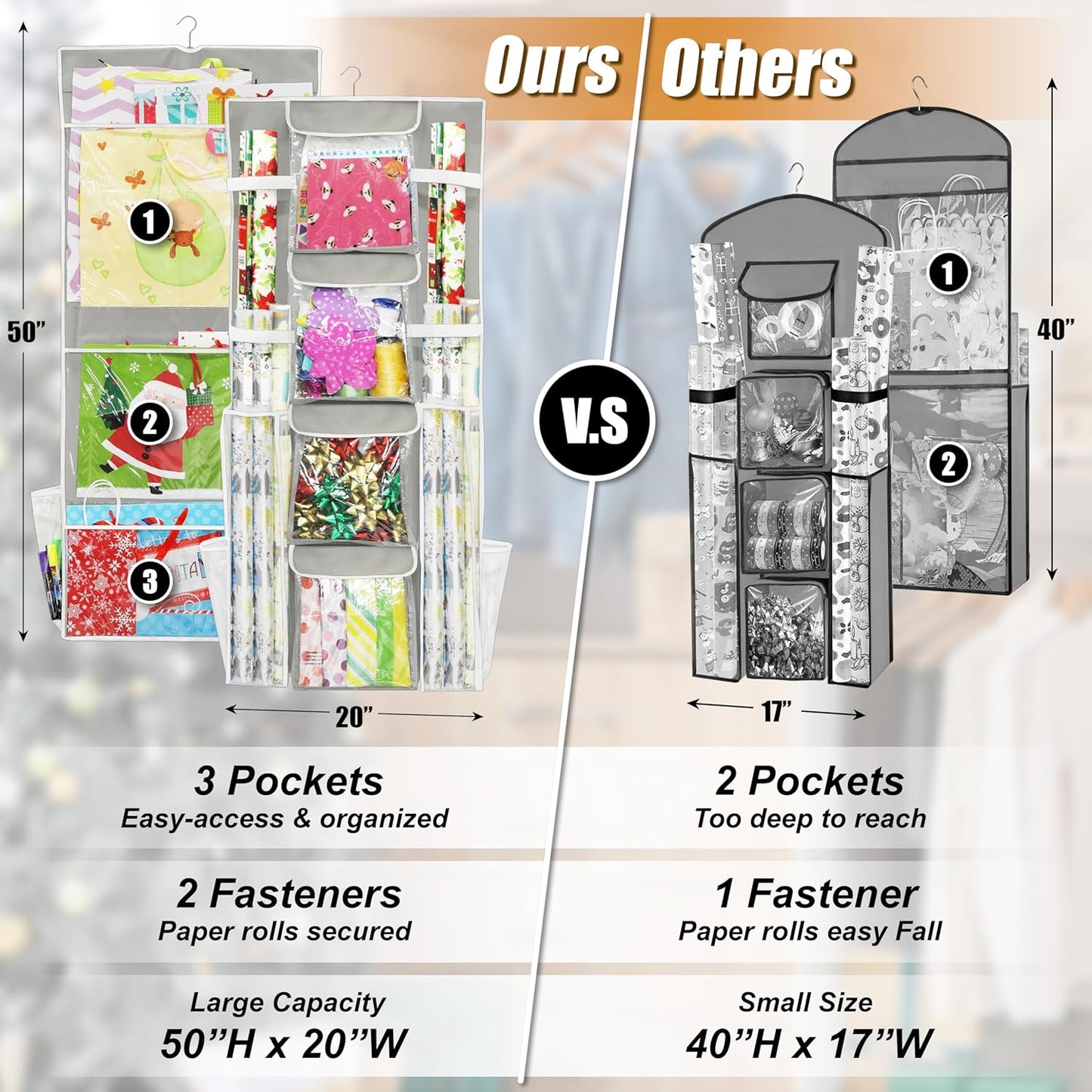 Double-Sided Hanging Gift Wrap Organizer Storage Pockets, Gray (Set of 1)
