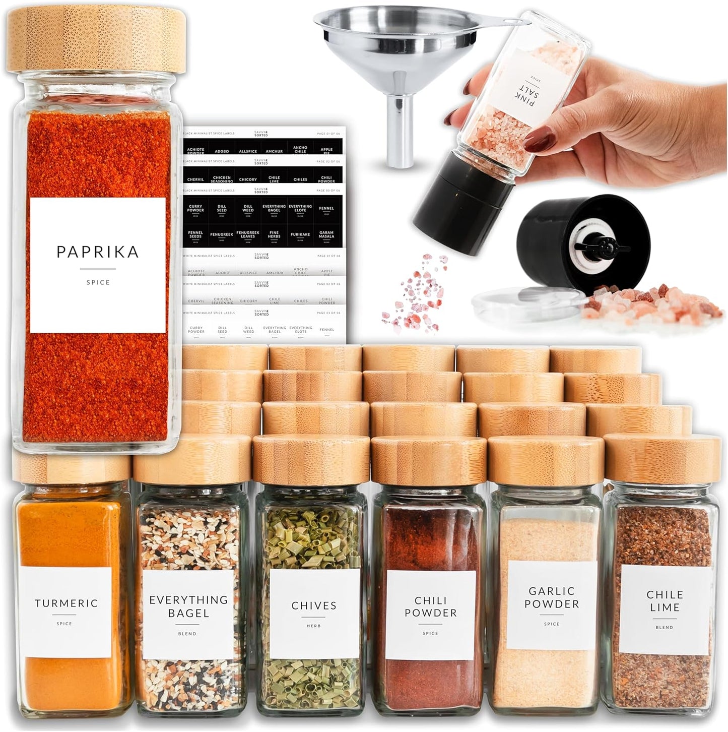 Glass Spice Jars with Label, 24PK Bamboo Jar Spices Set 4oz, 374 Spice Labels, Pepper Grinder