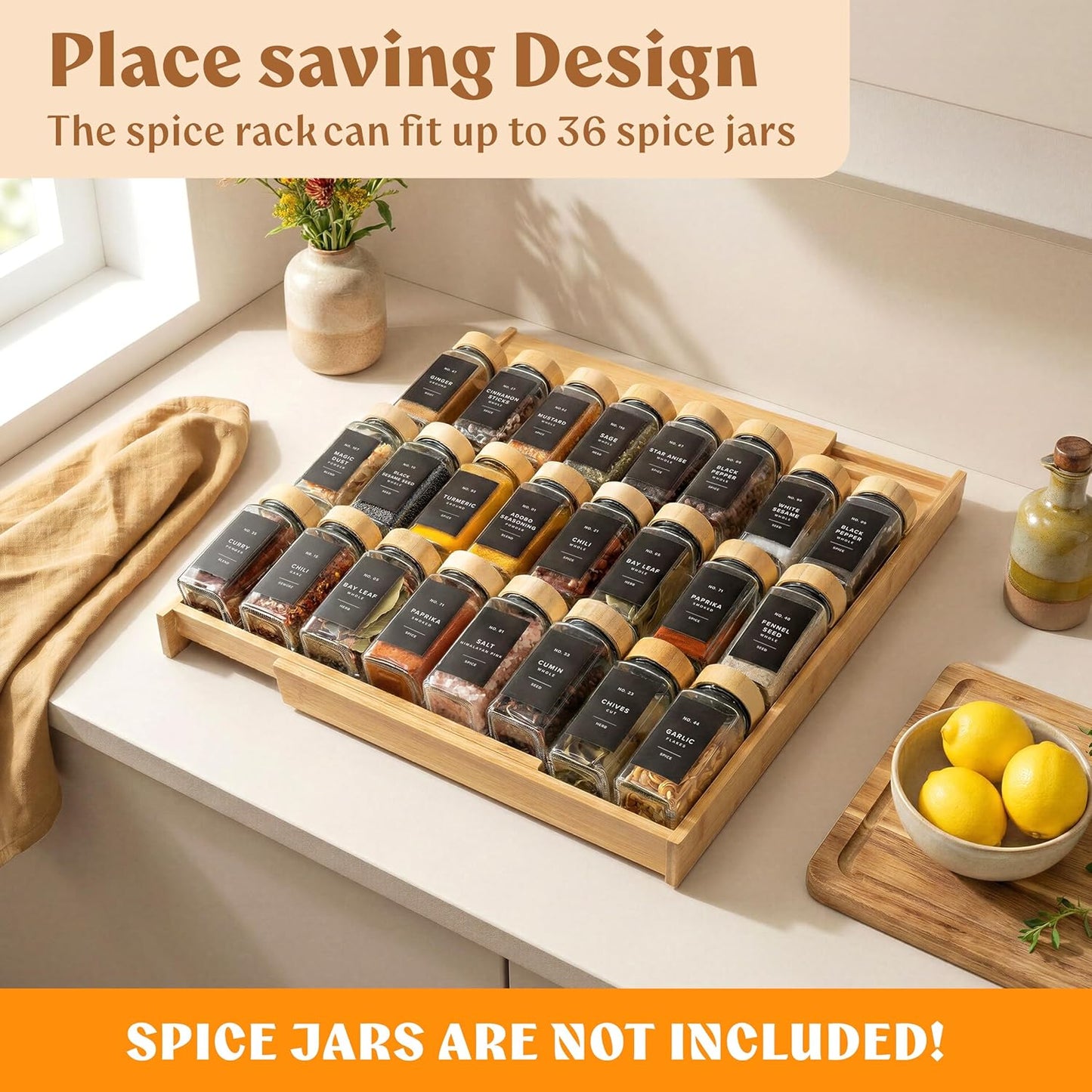 Bamboo Spice Drawer Organizer - Expandable 4 Tier Spice Rack (Need 3" Deep Drawer) 12" to 24" Wide