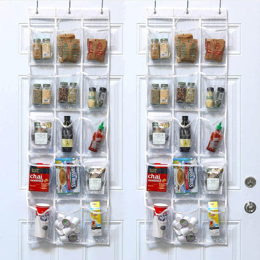 2-Pack Clear Over the Door Hanging Pantry Organizer (52" x 18") with 15 Pockets Each