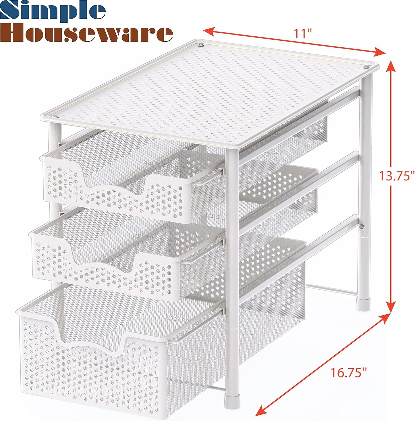 3 Tier White Alloy Steel Sliding Basket Organizer Drawer Cabinet
