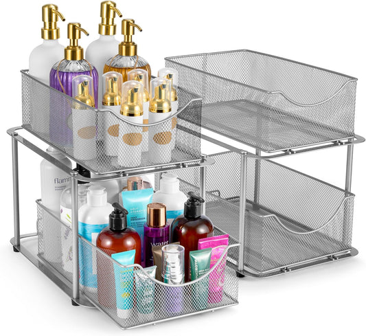 2 Sets of 2 Tier Metal Under Sink Organizer for Bathroom, Kitchen