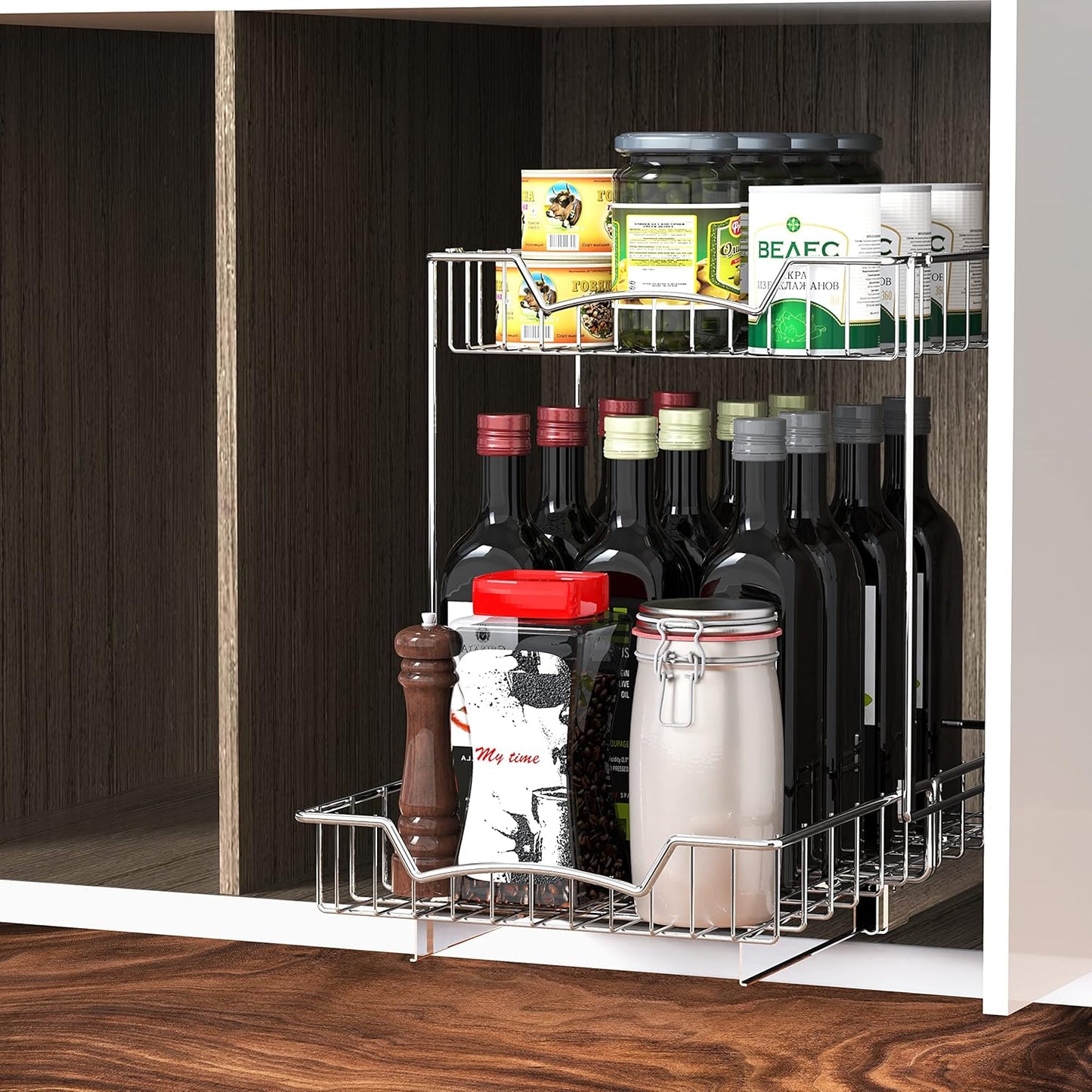 2-Tier (L+L) Organizer Pull Out Under Cabinet Sliding Shelf, Chrome
