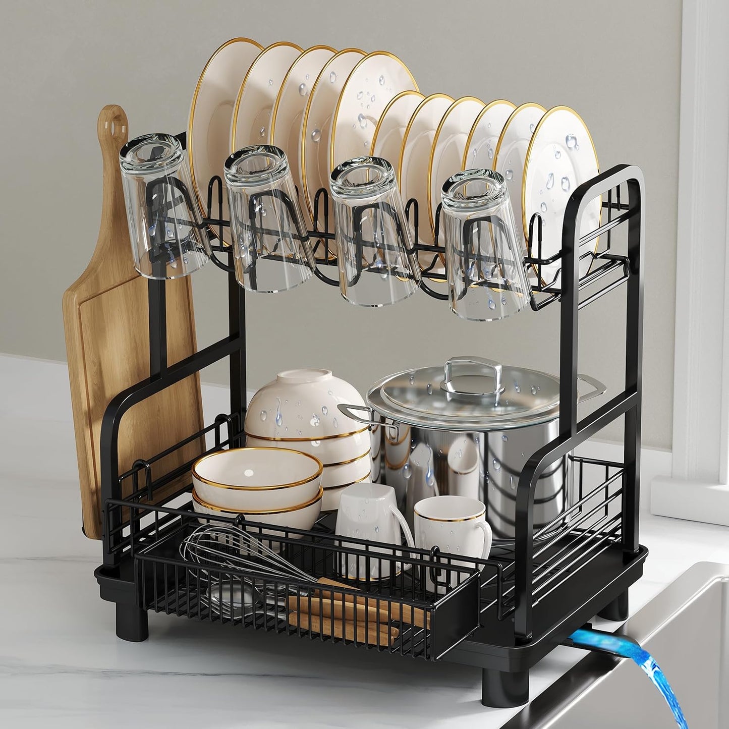 2 Tier Compact Stainless Steel Dish Drainers Drying Rack for Kitchen Counter, Space Saving