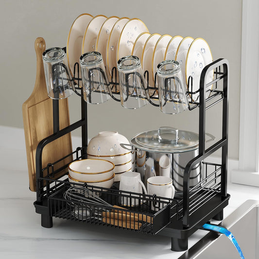 2 Tier Compact Stainless Steel Dish Drainers Drying Rack for Kitchen Counter, Space Saving