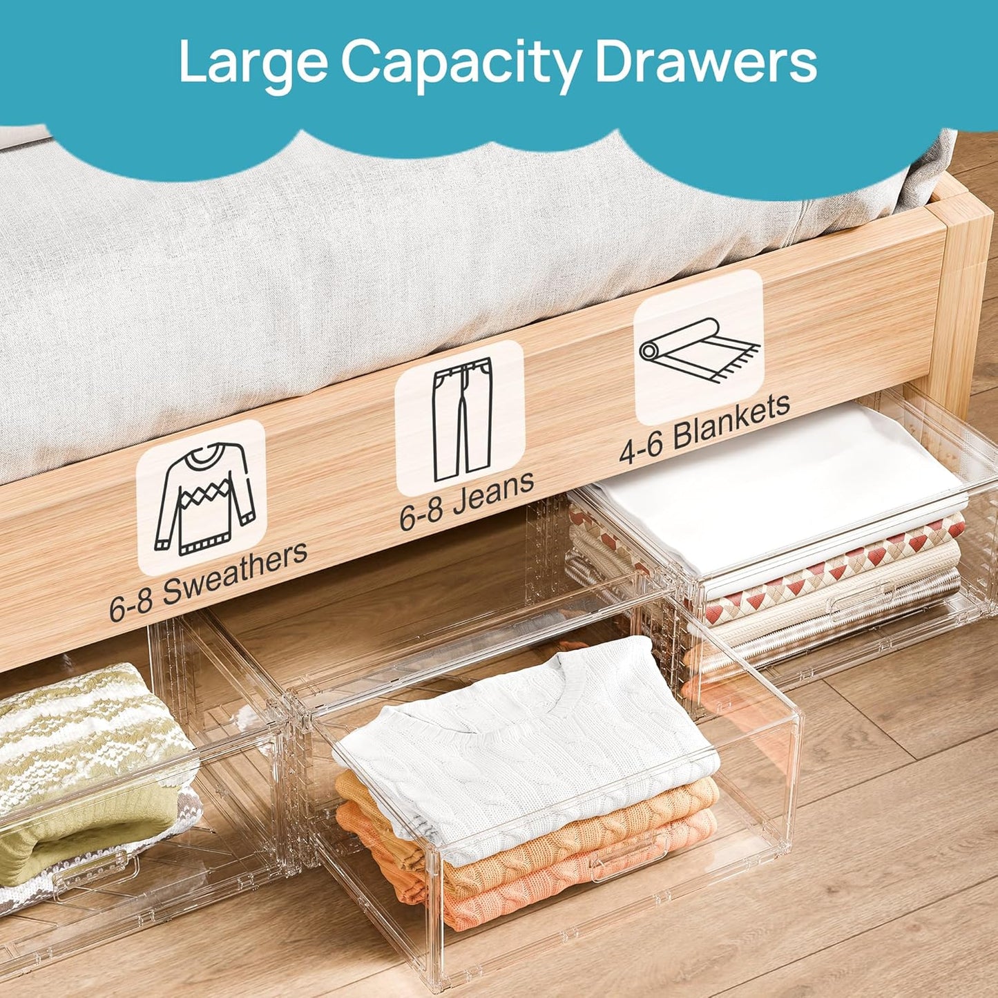 2 Pack Large Clear Stackable Storage Drawers 27QT, Easily Assemble Plastic Closet Storage Bins