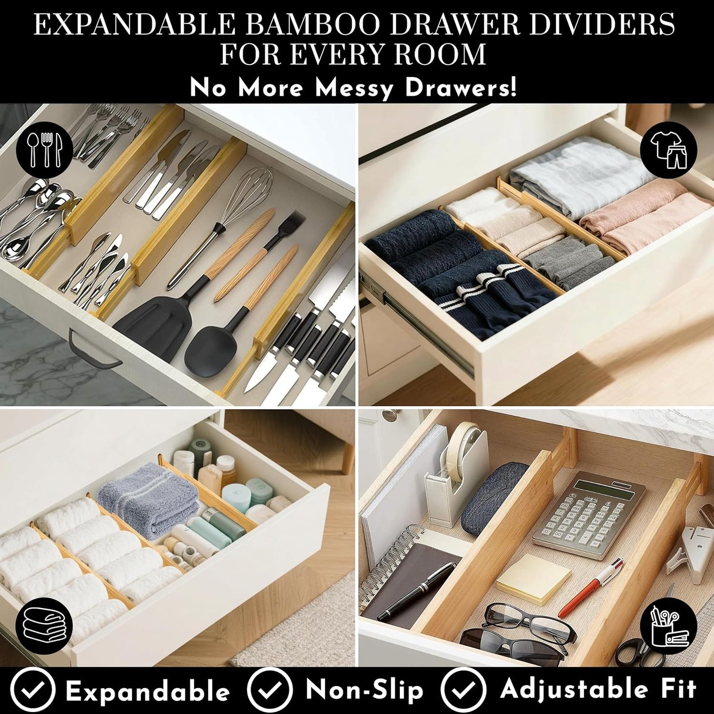 Expandable Bamboo Drawer Dividers 8 pack with labels(17"-22") Drawer Organizer for Kitchen