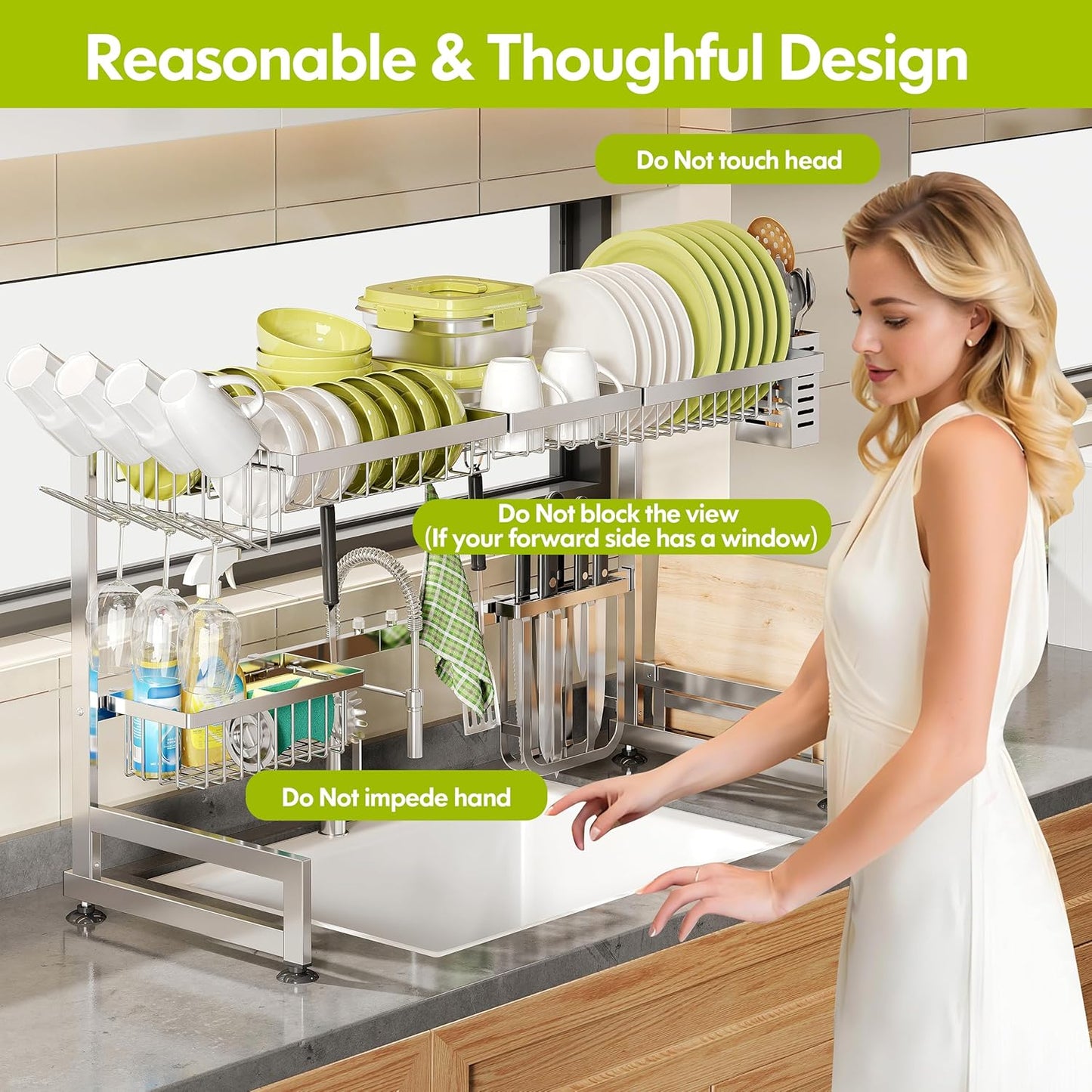 2 Tier Extra Large Stainless Steel Expandable Over The Sink Dish Drainer Drying Rack