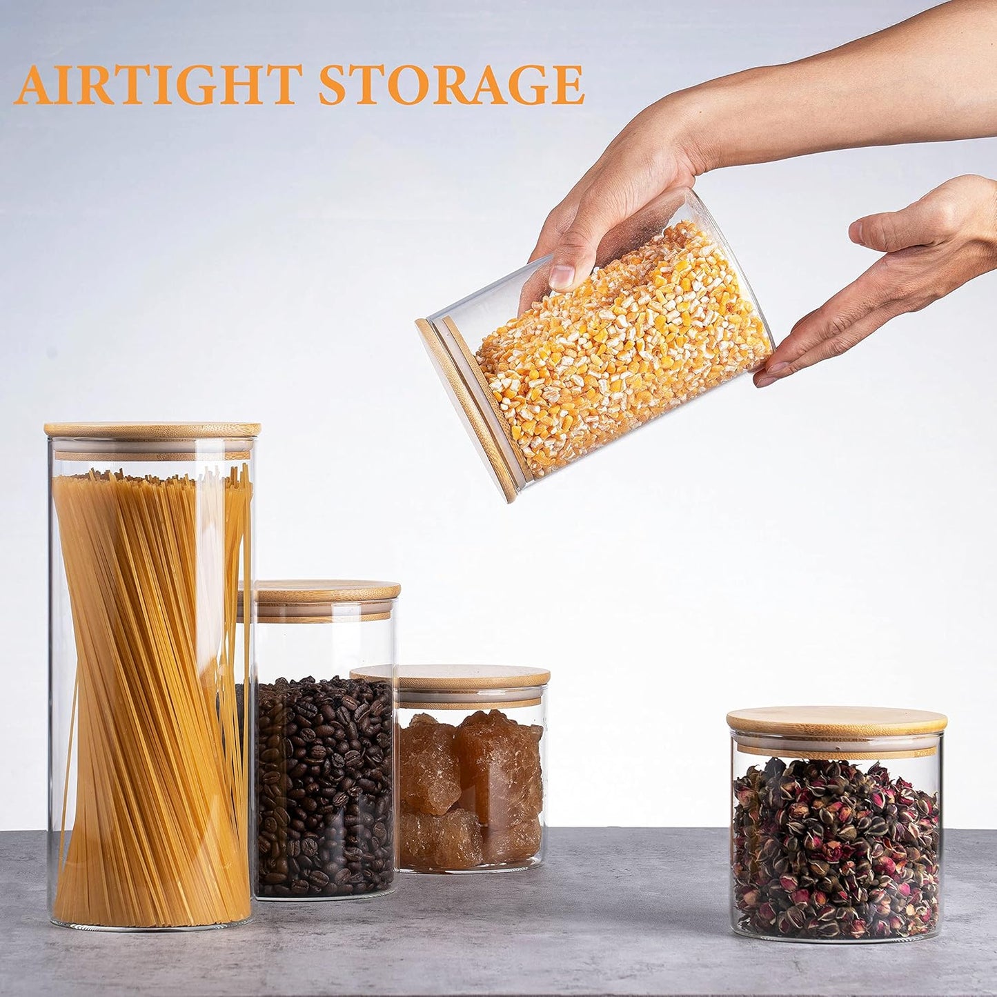 Glass Storage Jars [Set of 5],Clear Glass Food Storage Containers with Airtight Bamboo Lid Stackable Kitchen Canisters for Candy,Cookie,Rice,Sugar,Flour,Pasta,Nuts and Spice Jars(Square)