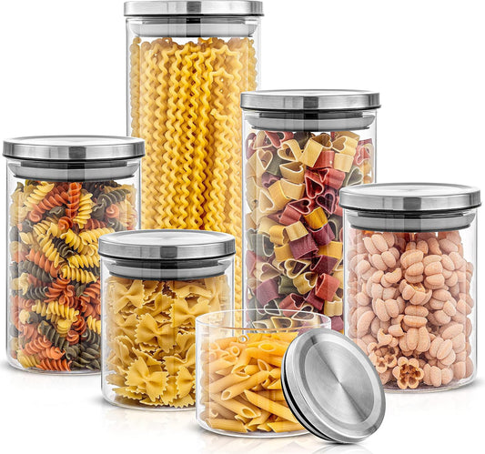 Kitchen Canister Set. 6 Glass Jars with Lids (Stainless Steel) Lids. Airtight Food Storage Containers for Pantry or Counter. Versatile Pantry Organization, Sugar Container or Cereal Canisters