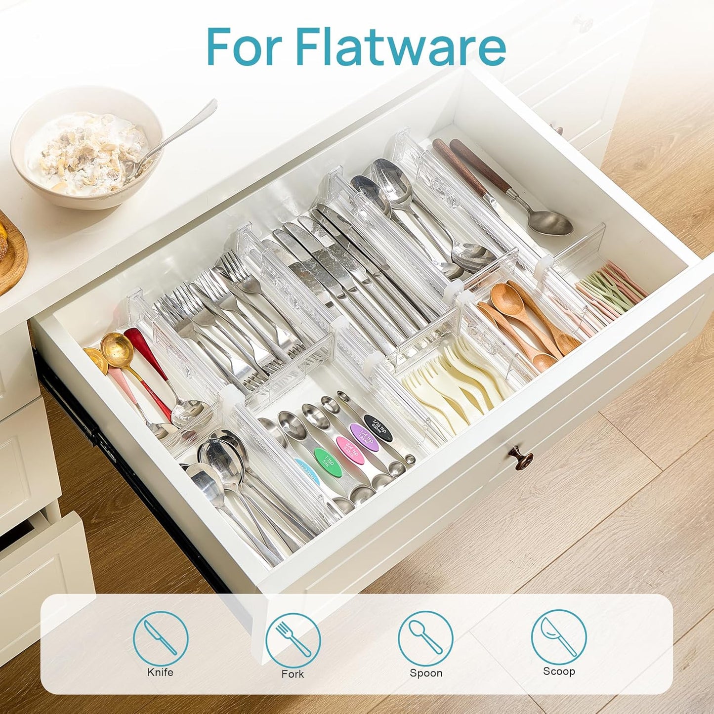2.36” Drawer Dividers with Expandable Inserts, 12.8"-22.3" Adjustable Kitchen Drawer Organizer