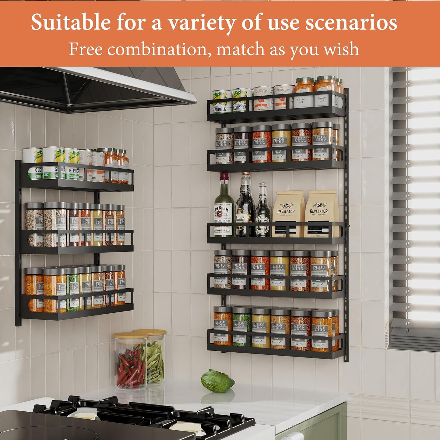 Wall Mount Spice Rack Organizer 5 Tier Height-Adjustable Hanging Spice Shelf Storage for Kitchen Pantry Cabinet, Dual-Use Seasoning Holder Rack with Hooks, Black-Patented