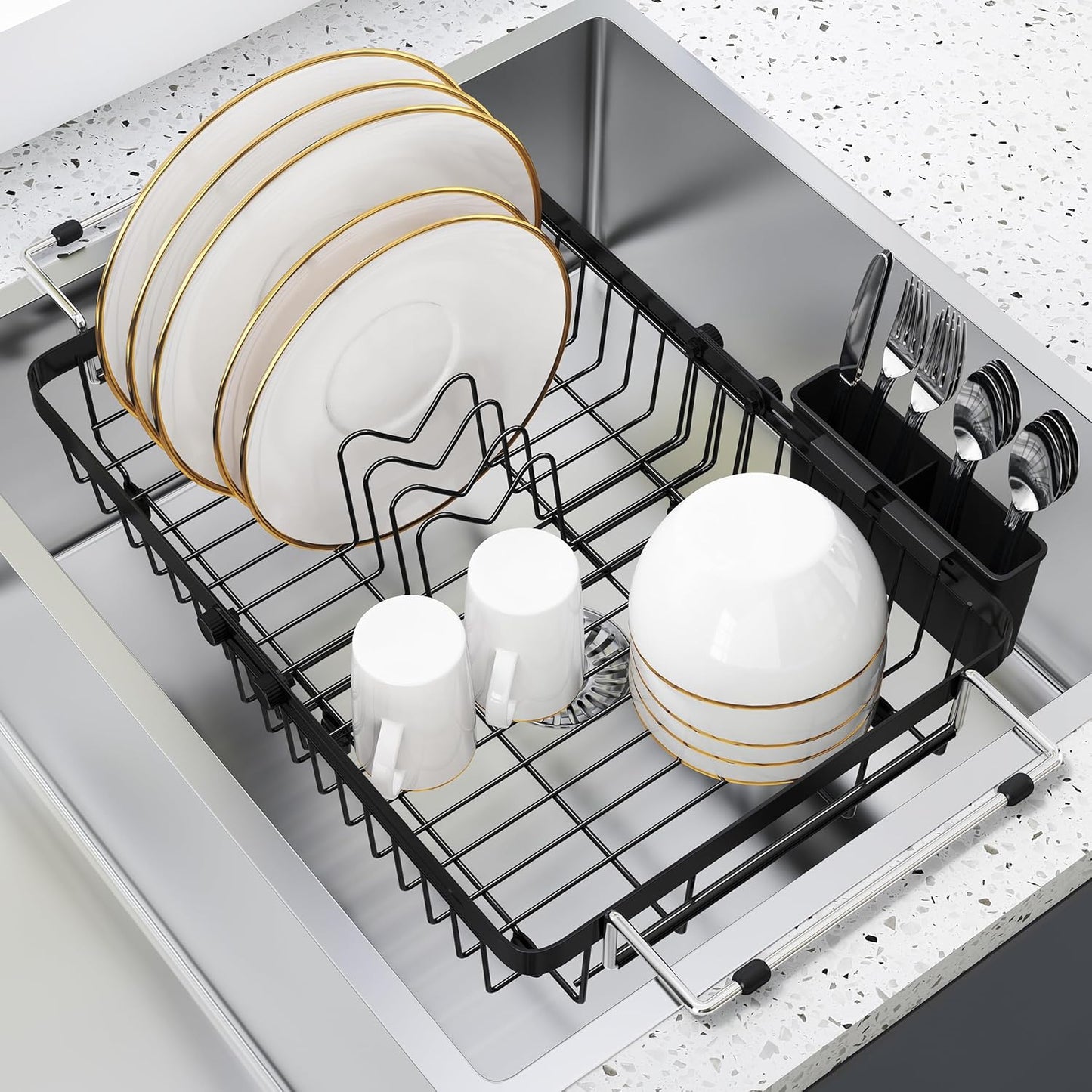 Expandable Dish Drying Rack Over The Sink Small Metal Stainless Steel Plate Holder for Compact Kitchen, Space Saving Modern Black Hanging Drainer