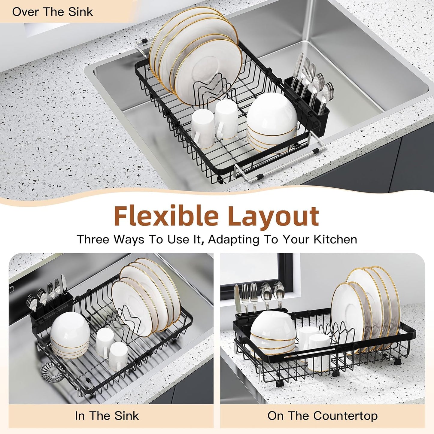 Expandable Dish Drying Rack Over The Sink Small Metal Stainless Steel Plate Holder for Compact Kitchen, Space Saving Modern Black Hanging Drainer