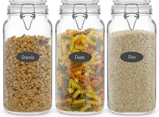 Airtight Glass Jars with Lids Set of 3. 78oz Glass Jar with Lid and 6 Silicone Seals! Large Glass Food Storage Containers. Square Mason Jar, Candy Jar, Flour Jar, Pasta Containers for Pantry