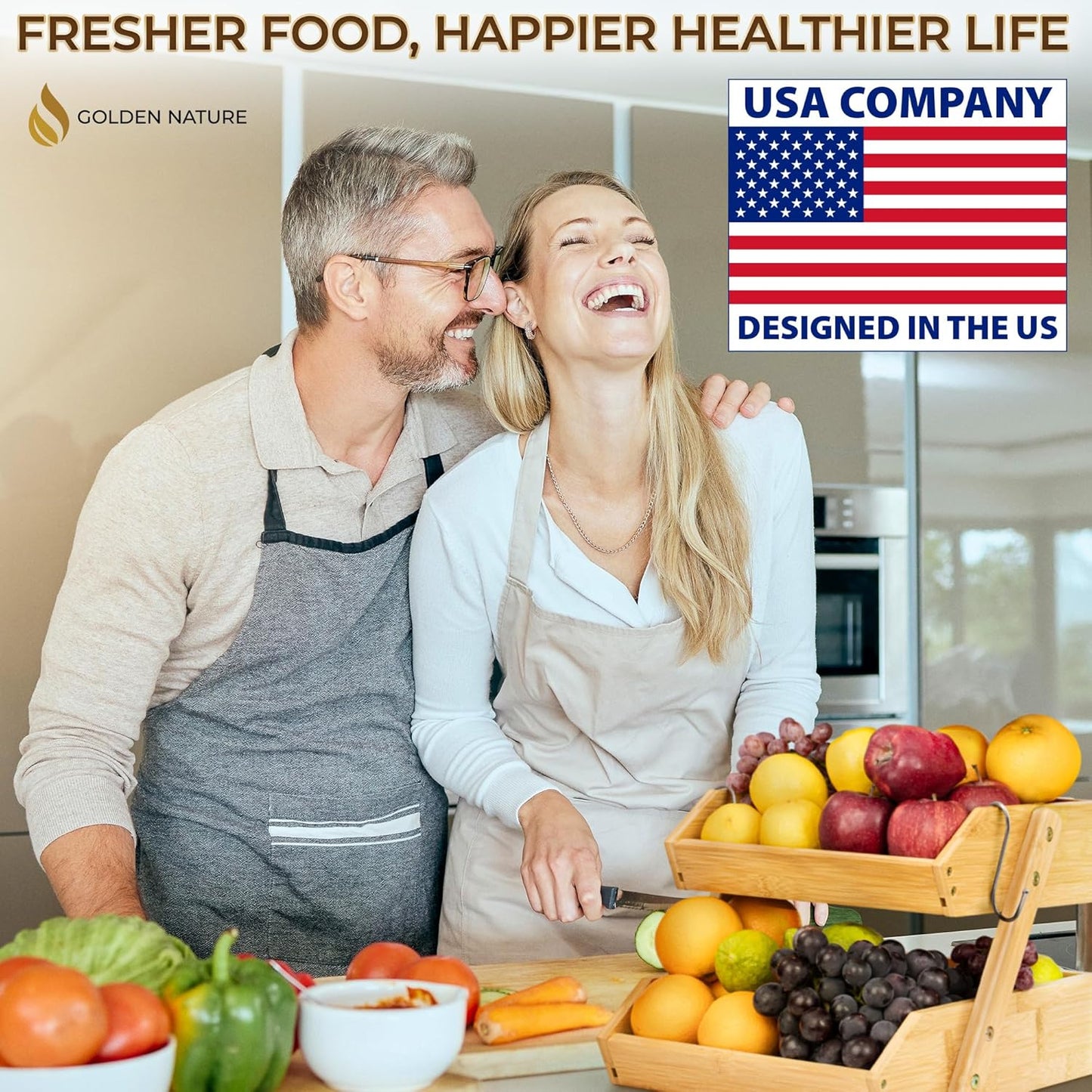 Fruit Basket with Banana Hanger - 2-Tier Bamboo Fruit & Vegetable Storage Organizer for Kitchen Counter - Lightweight & Easy Assembly - Countertop Stand Holder Bowl with Screws