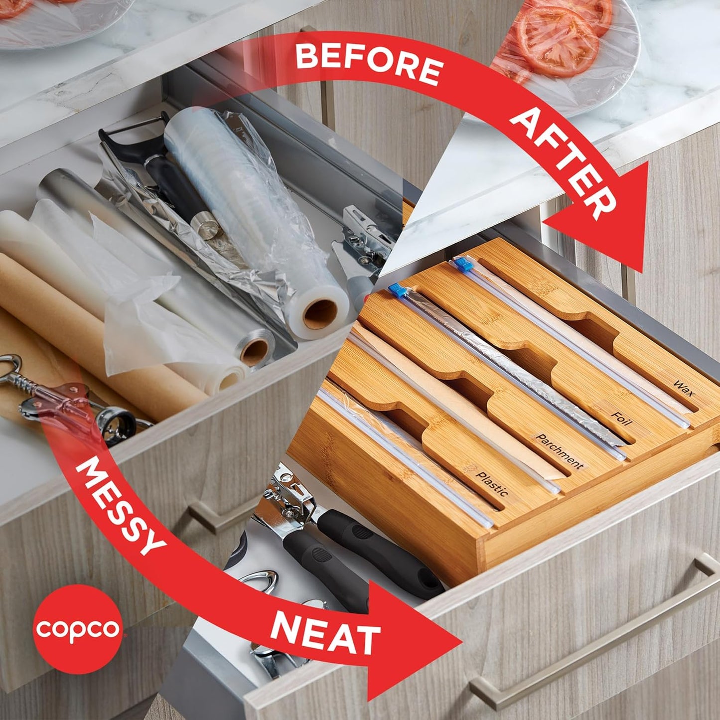 In Drawer or Mounted 4 Compartment Organizer for Plastic, Foil