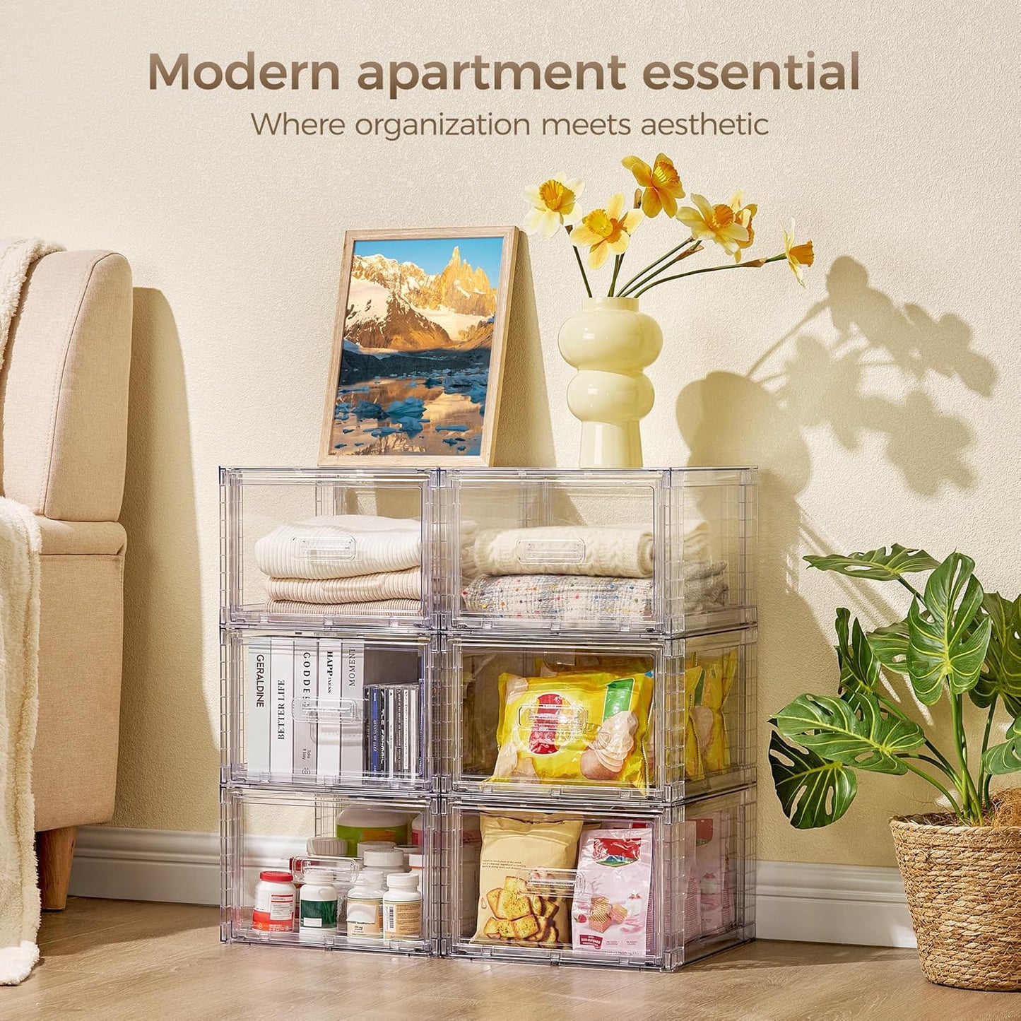 4 Pack 18QT Clear Stackable Storage Drawers,Easily Assemble Closet Organizers,Plastic Storage Bins for Bathroom,Cabinet,Kitchen Pantry,Under Sink Organization(Medium)
