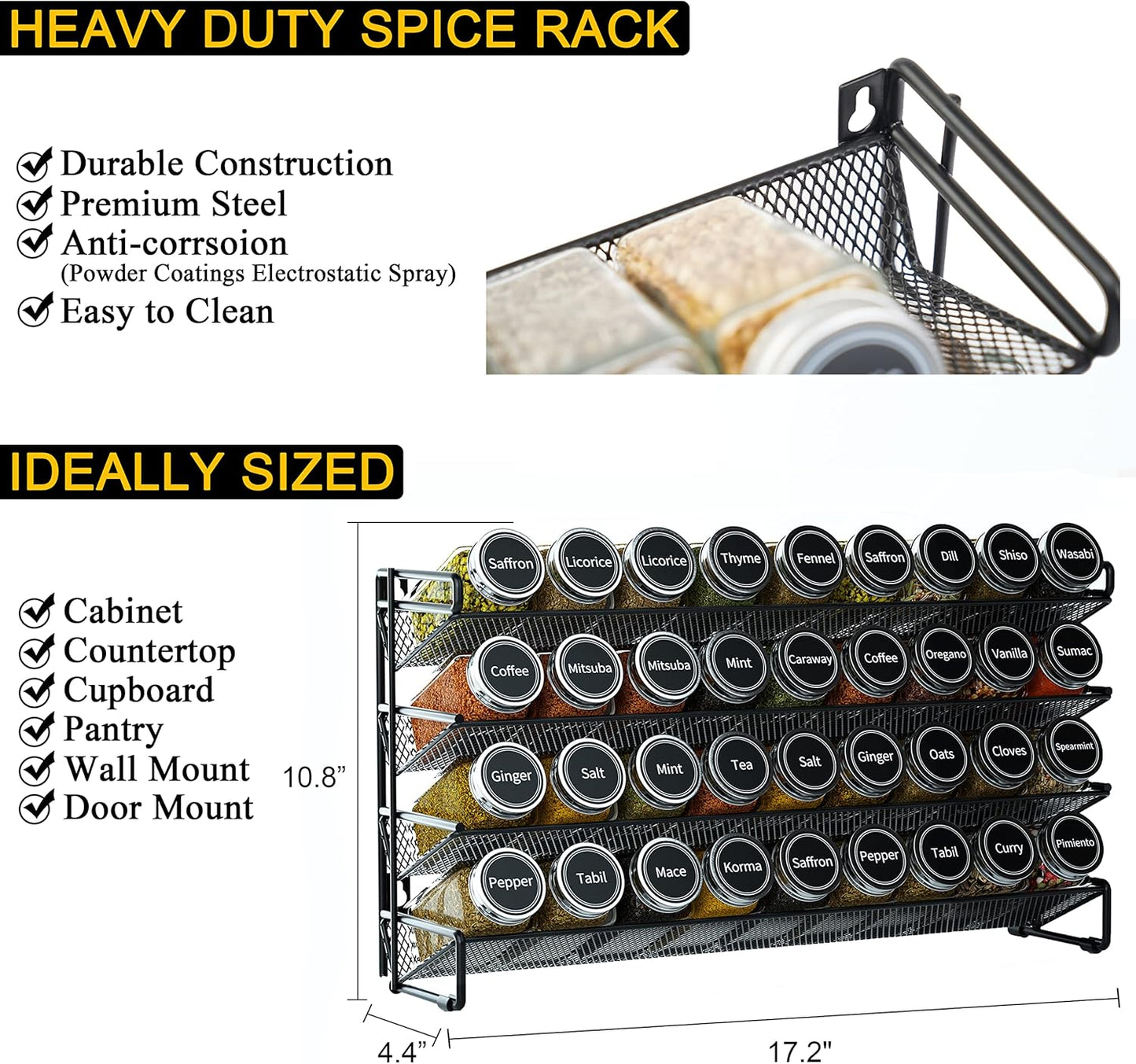 Spice Rack Organizer with 36 Spice Jars, 386 Spice Labels, Chalk Marker and Funnel Set for Cabinet