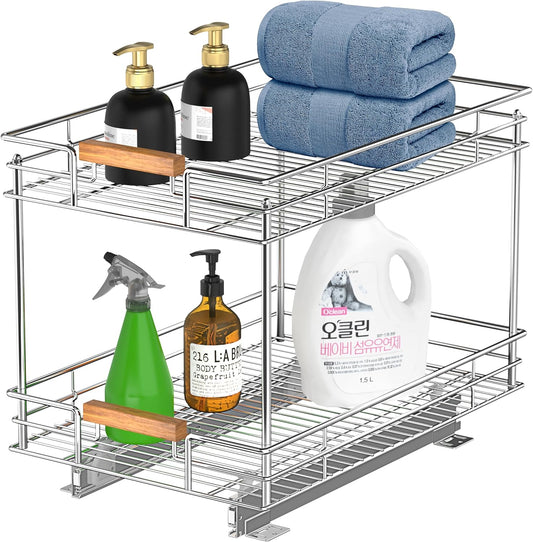 Pull Out Cabinet Organizer(14" W x 21" D), 2 Tier Slide Out Shelves with Wood Handle