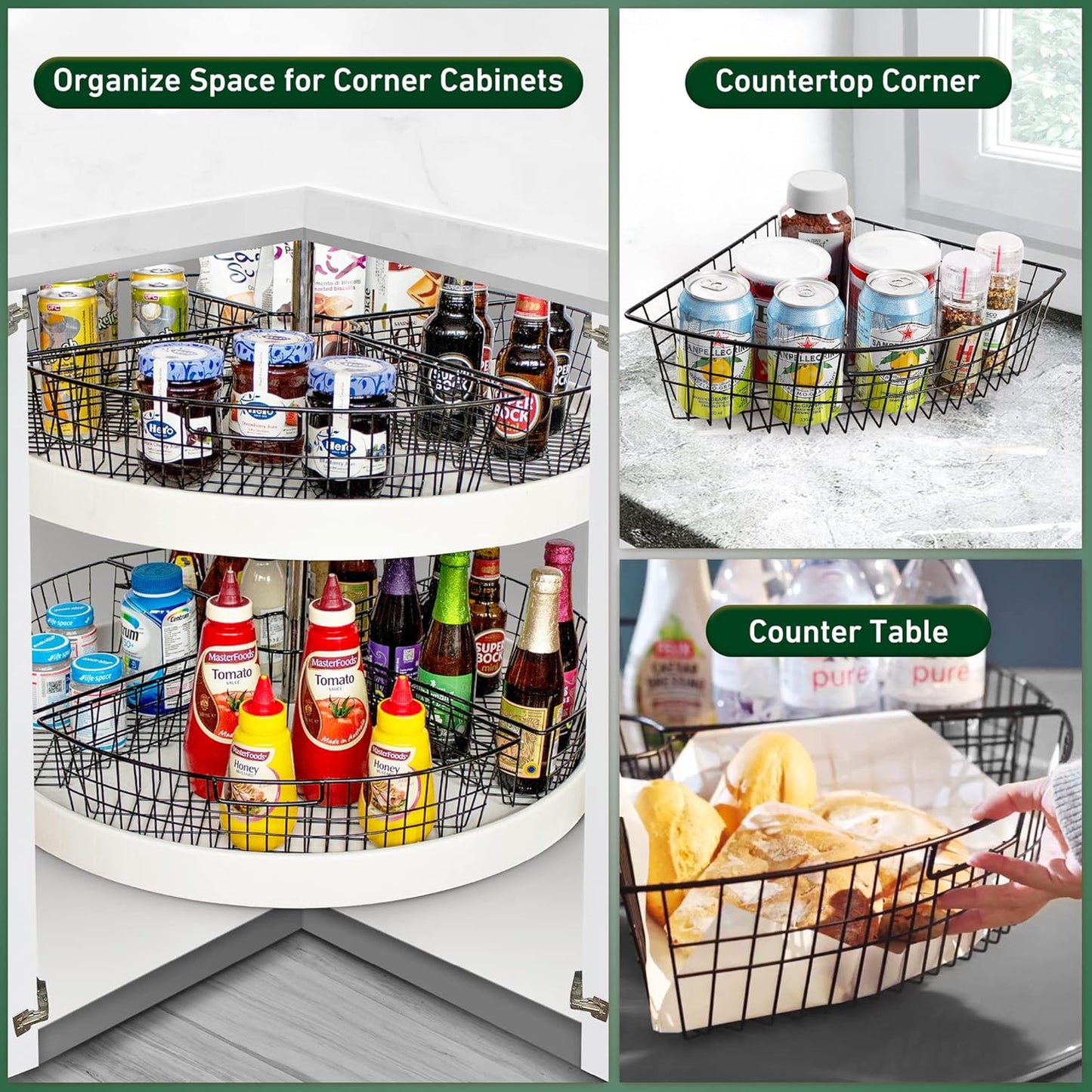 Lazy Susan Organizer Basket for 24" Diameter Turntable -Metal Organizing Storage Bins (2 Packs)