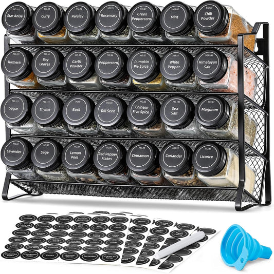 Spice Rack Organizer for Cabinet, Spice Organizer with 28 Empty Spice Jars with Black Lids, Funnel