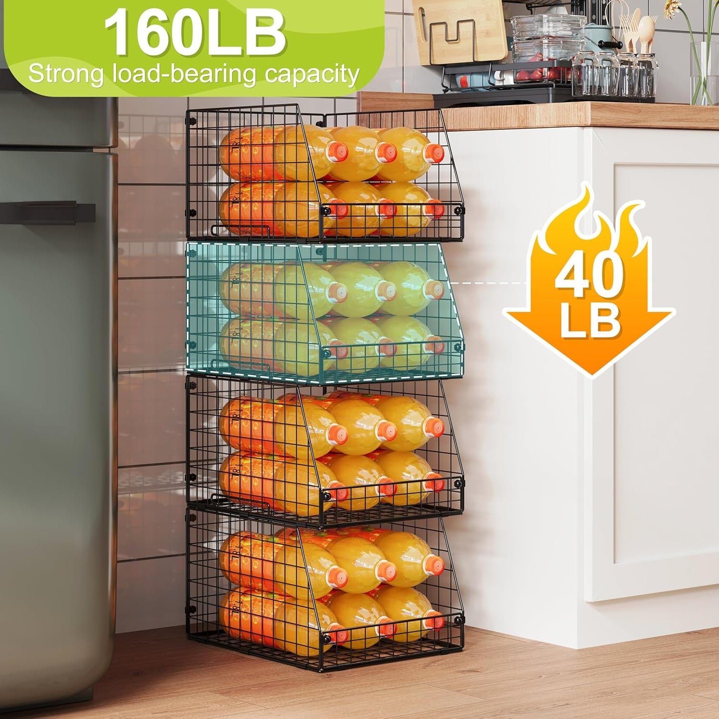 4 Pack XXL Stackable Wire Storage Basket, Extra Large Capacity Pantry Organizer and Storage