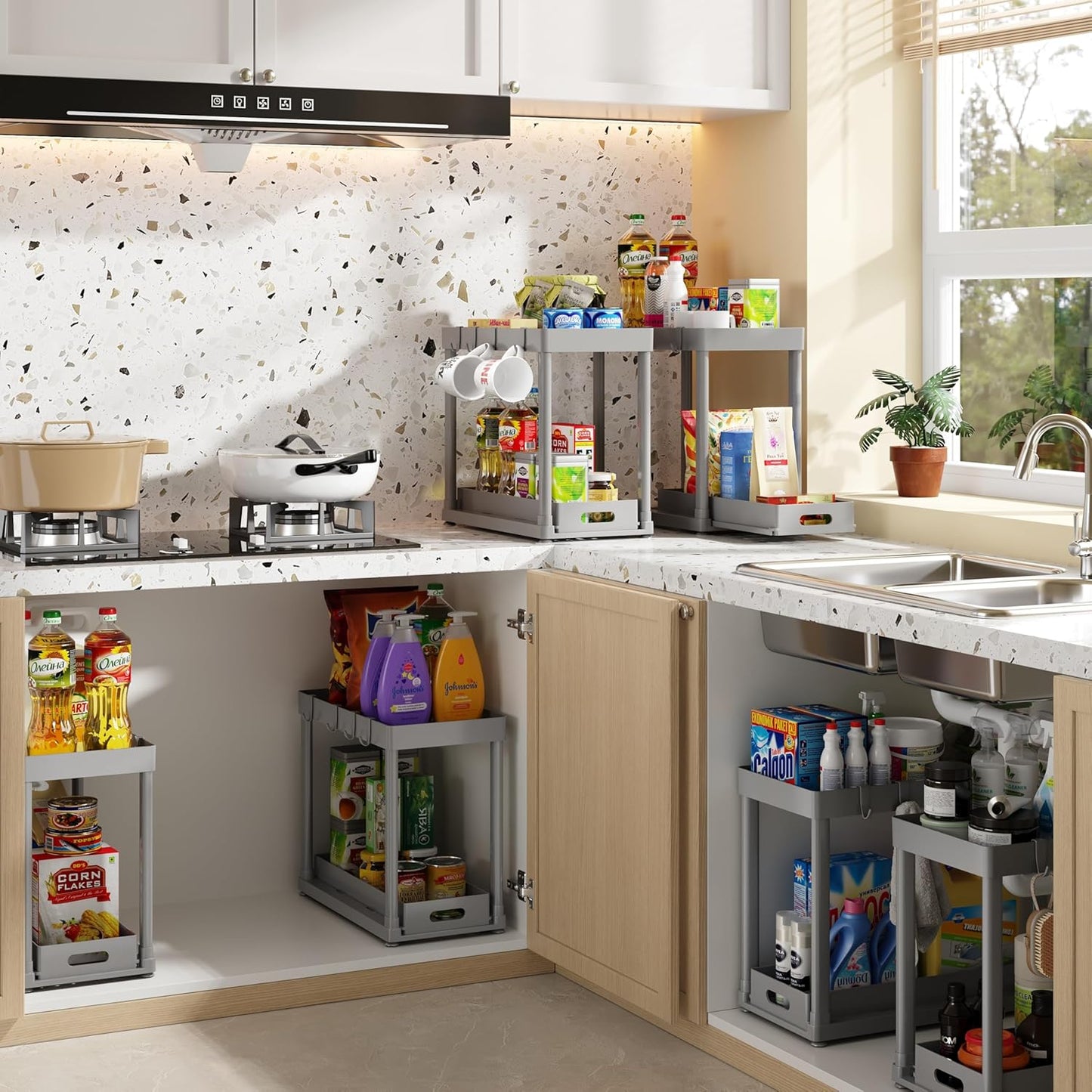 2PC Under Sink Organizer Rack 2 Tier Under Sliding Cabinet Basket Organizer Drawer with 4 Hooks