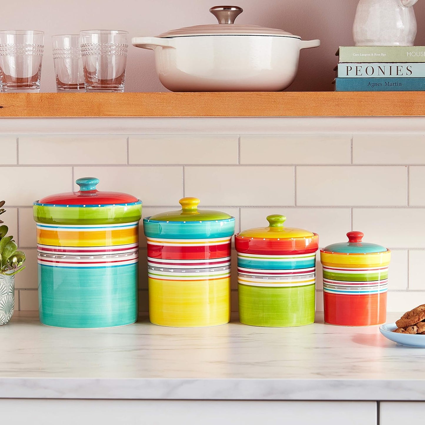 Mariachi 4-Piece Ceramic Kitchen Canister Set – Airtight Colorful Striped Storage Jars with Lids
