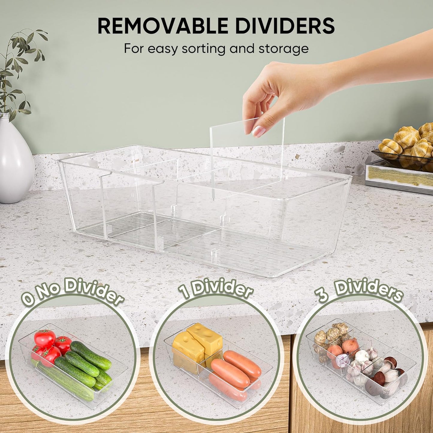 Clear Plastic Storage Bins with 3 Removable Dividers, Pantry Organization