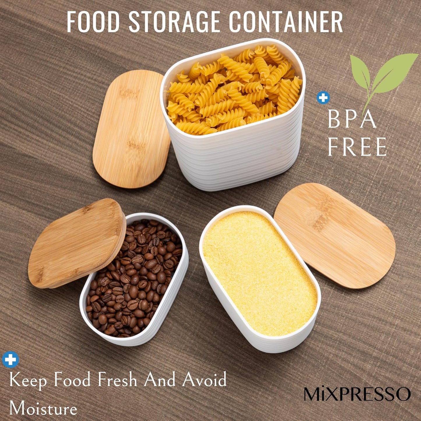White Canisters Sets for the Kitchen – 3-Piece Airtight Plastic Sugar Container Set with Bamboo Lids in Three Different Sizes – Decorative Modern Storage Jars for Coffee, Tea & Countertops