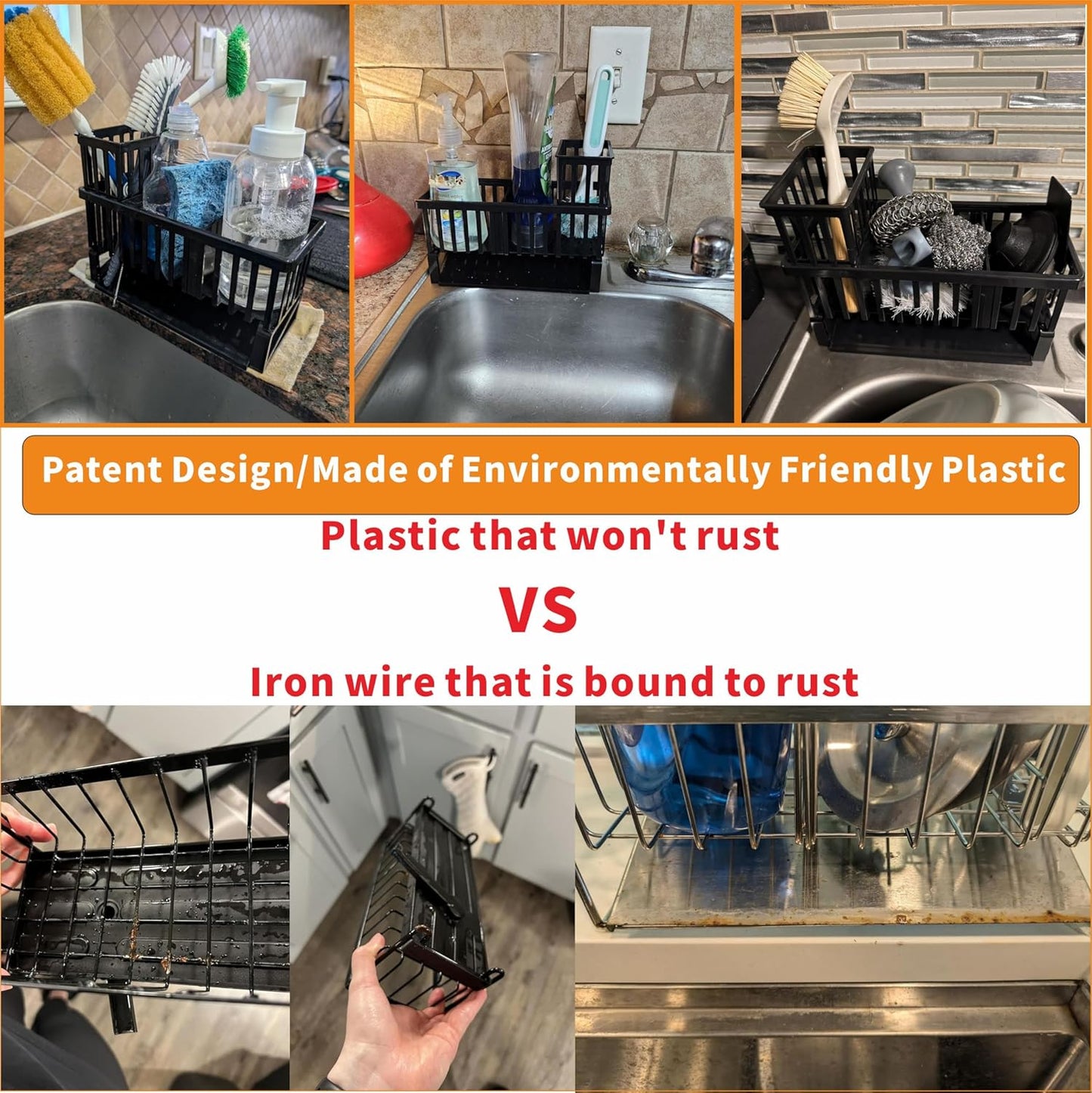 Rustproof Kitchen Sink Caddy Organizer,Plastic Scrubber,Dish Sponge Holder,Dish Soap Rack & Dispenser,Multifunctional Sponge Drain Rack,Dish Soap Caddy & Storage Organization Accessories,Black