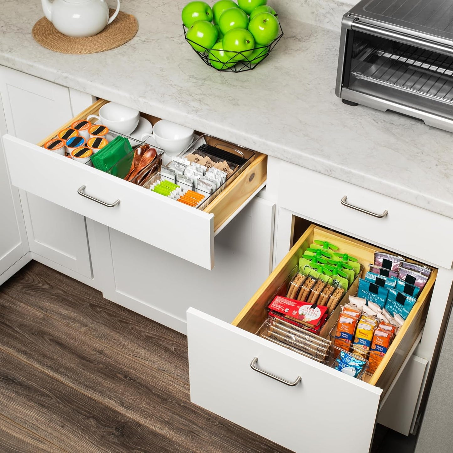 Plastic Pantry Bins with Removable Dividers - Kitchen Storage and Organization (4 Pack)