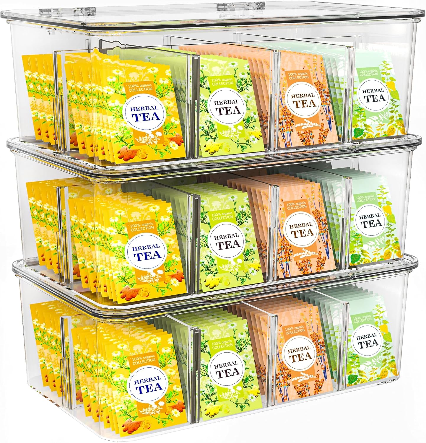 Tea Bag Organizer With Lids, Clear Pantry Storage Box