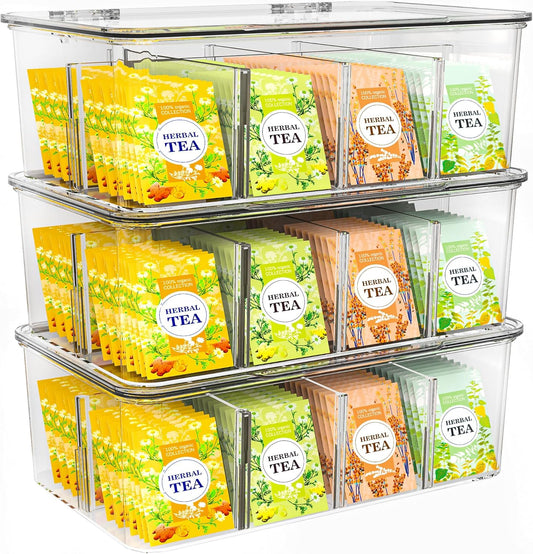 Tea Bag Organizer With Lids, Clear Pantry Storage Box
