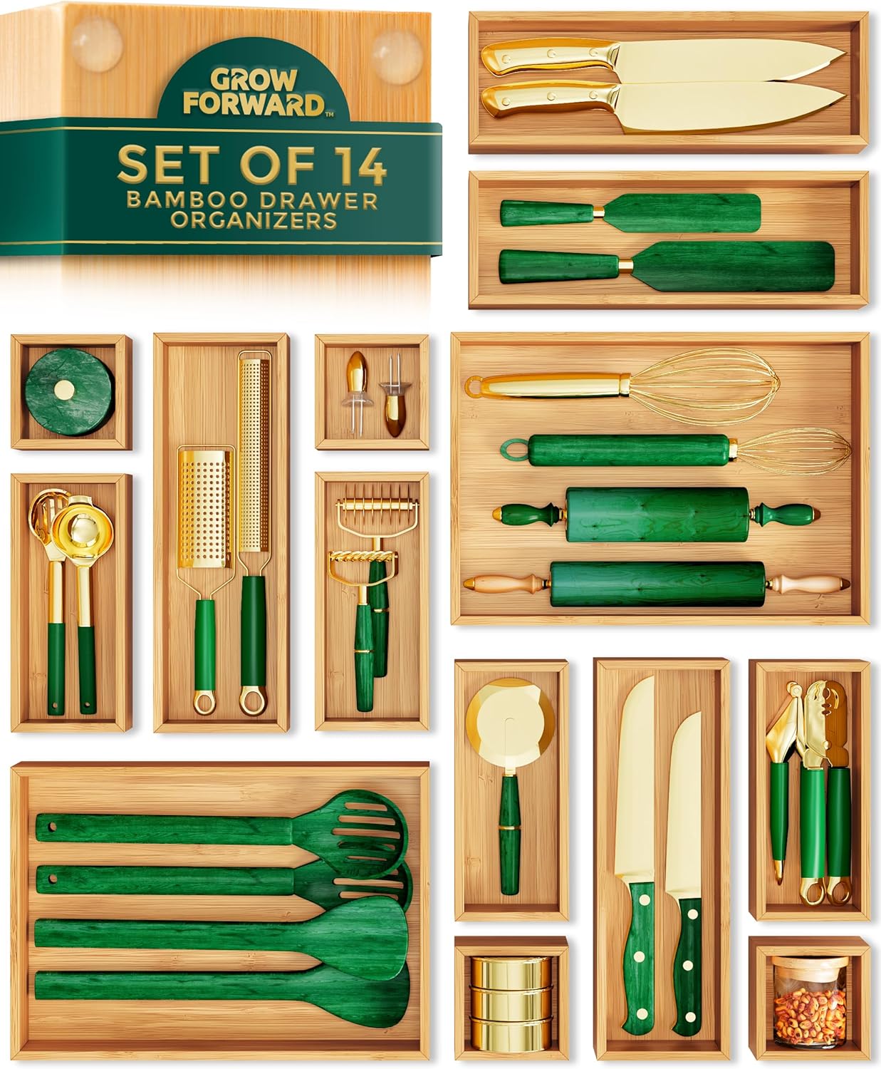 Bamboo Drawer Organizer Boxes - Set of 14 Wooden Drawer Organizers for Kitchen, Bathroom, Office
