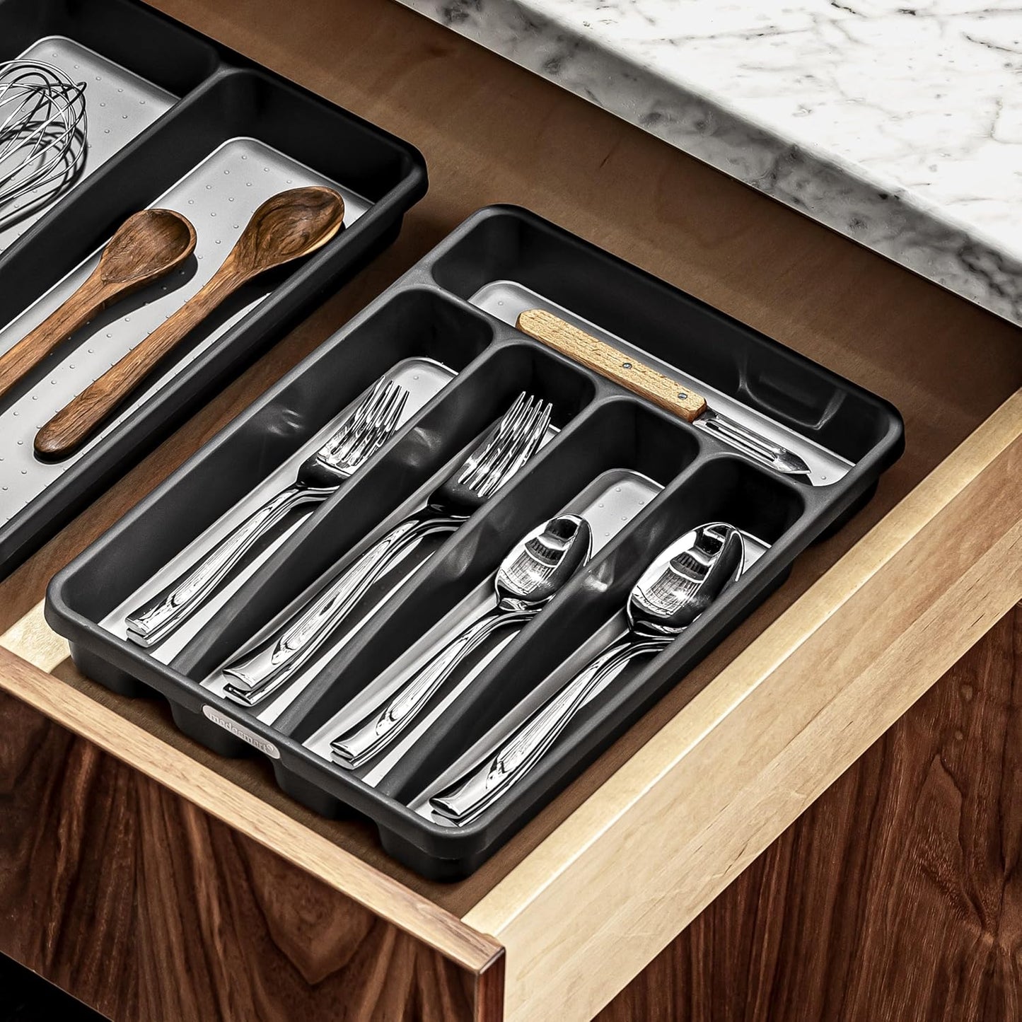 Small Silverware Tray, 5 Compartment Flatware Organizer for Forks, Knives & Spoons, Non Slip
