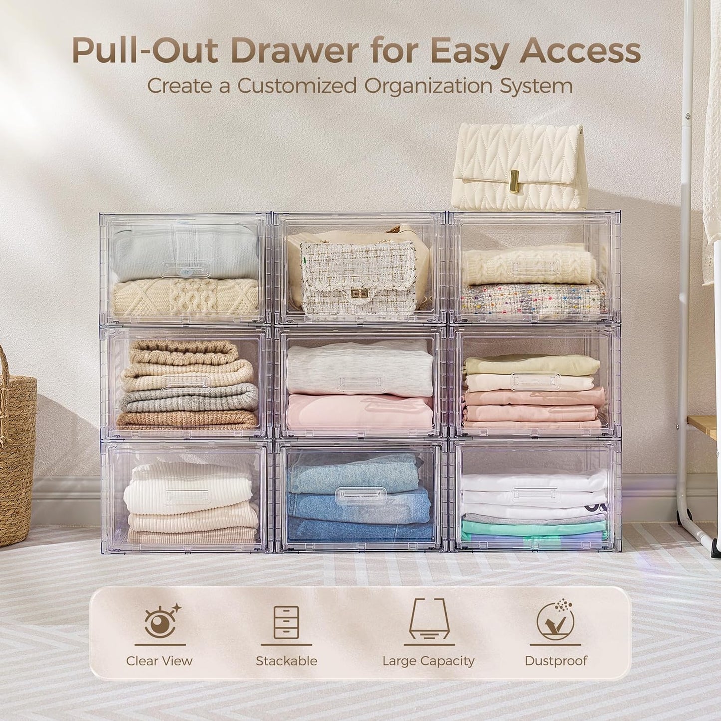4 Pack 18QT Clear Stackable Storage Drawers,Easily Assemble Closet Organizers,Plastic Storage Bins for Bathroom,Cabinet,Kitchen Pantry,Under Sink Organization(Medium)