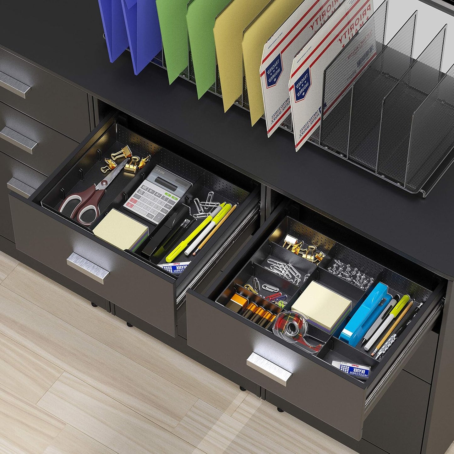 Drawer Organizer Tray with 9 Adjustable Compartments, 2 Packs, Black