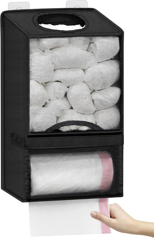 Plastic Bag Holder for Grocery Bags - Large Wall Mount Grocery Bag Holder with Dispenser for Kitchen, Oxford Cloth 2-in-1 Space-saving Plastic Bags Organizer, Black