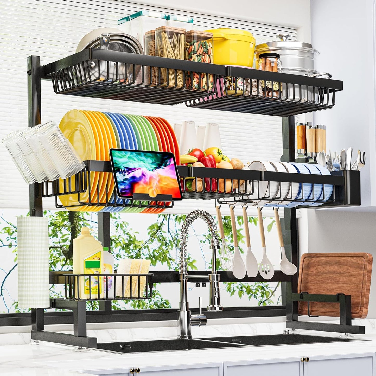 Over The Sink Dish Drying Rack (Expandable Height and Length) Snap-On Design 2 Tier Large Dish Rack 31-39.4L x 12W x 34-38H inches