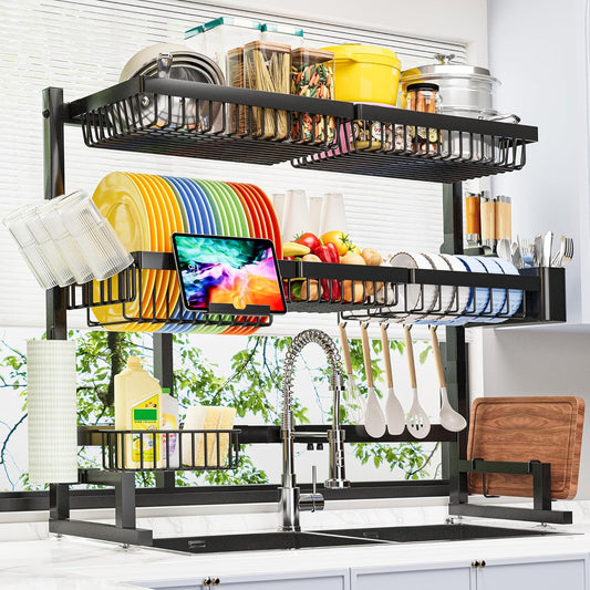 Over The Sink Dish Drying Rack (Expandable Height and Length) Snap-On Design 2 Tier Large Dish Rack 31-39.4L x 12W x 34-38H inches