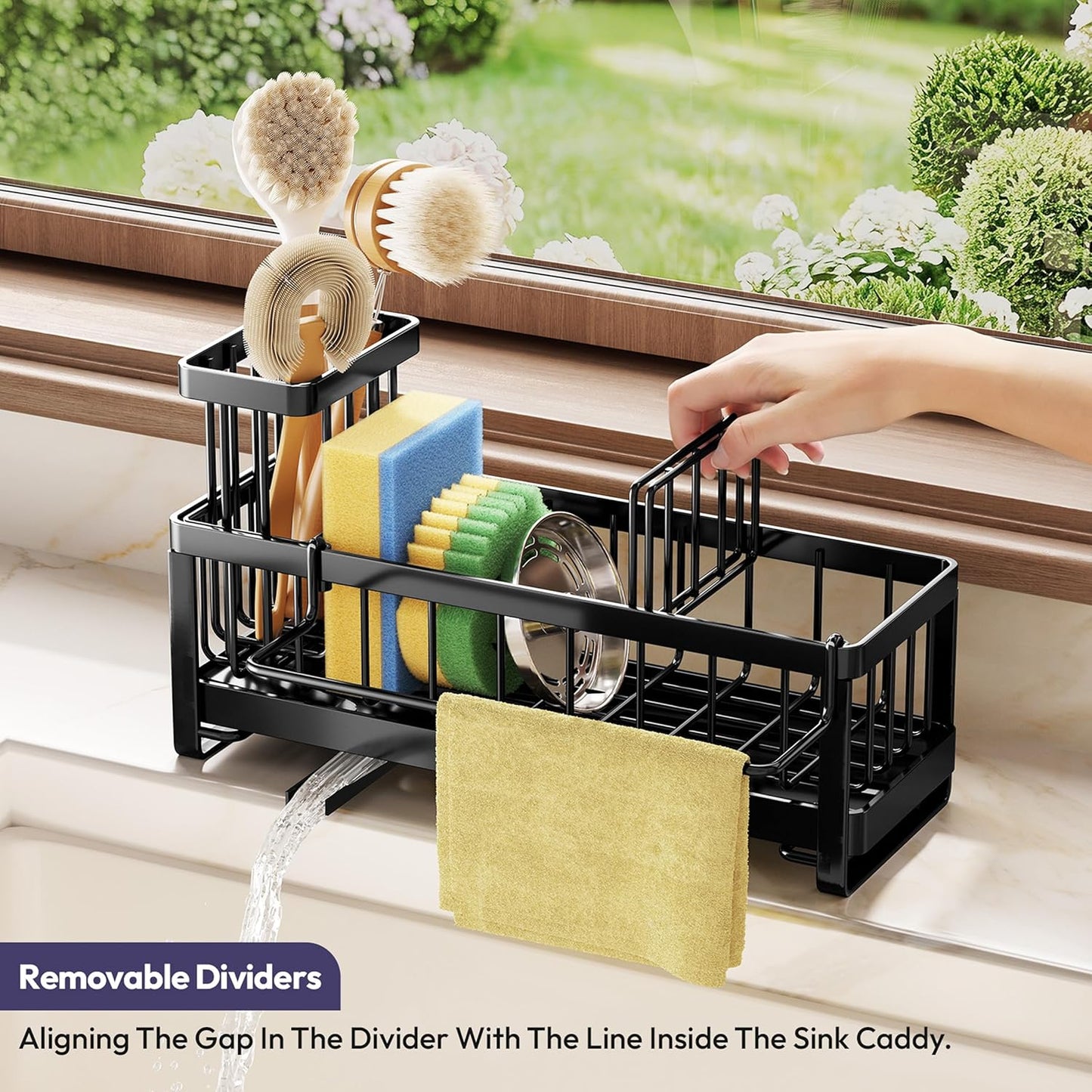 Sponge Holder for Kitchen Sink - Sink Caddy with Brush Holder Self-draining Sponge Caddy Organizer with Divider Stainless Steel Kitchen Accessories Storage for Countertop, Black