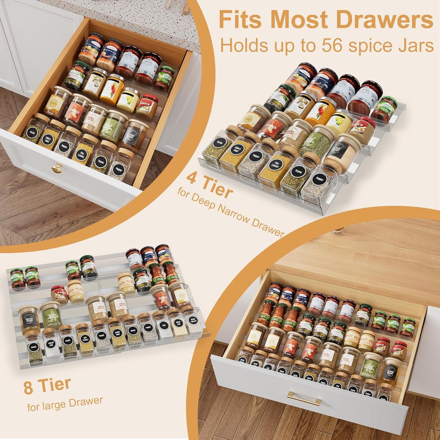 8-Pack Spice Drawer Organizer, Expandable Acrylic Seasoning Rack (13" to 26") with Anti-Slip Mat