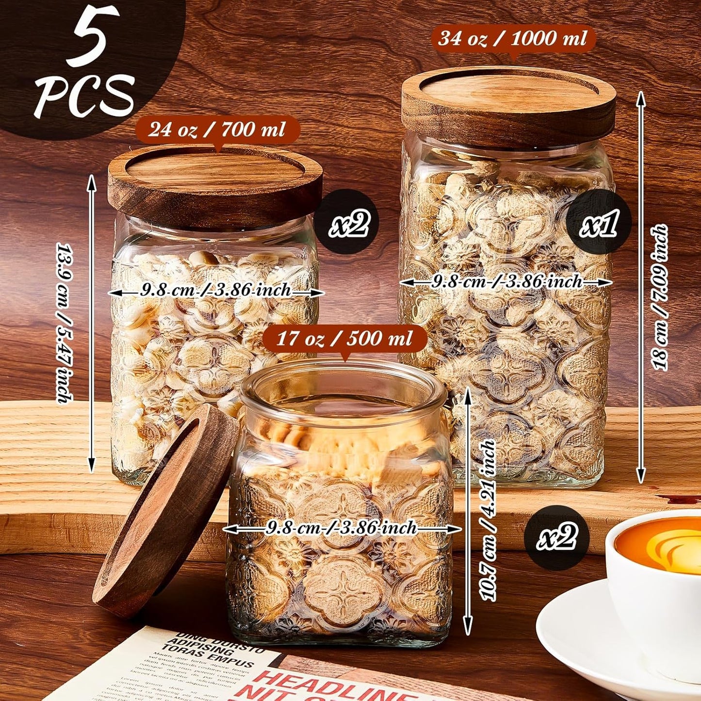 5 Pcs Vintage Glass Food Storage Containers 17/24/34 oz Glass Jar with Lid Airtight Candy Food Canisters for Kitchen Counter Pantry Coffee Beans(Clear,Begonia Square)