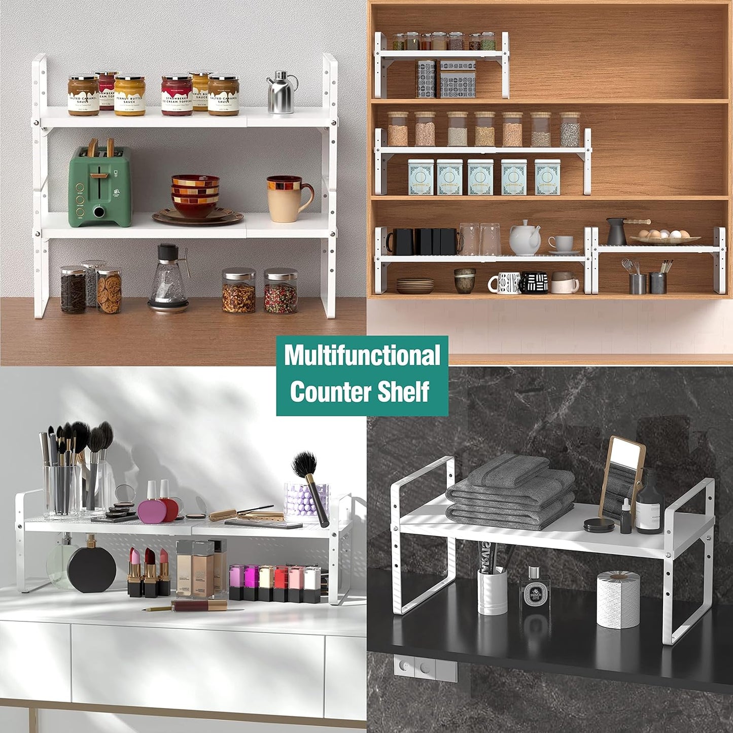 Expandable Cabinet Shelf Organizer Rack, Stackable Kitchen Counter Storage Shelves Stand