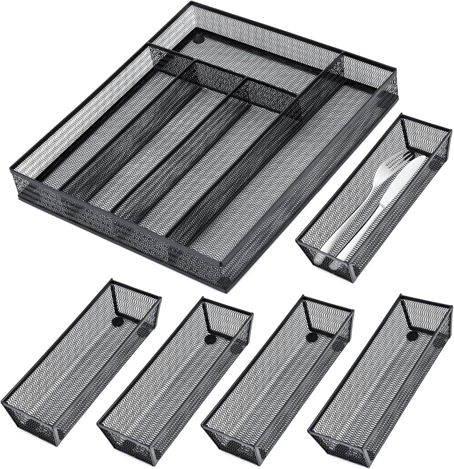 Drawer Organizer Set 6 Pack - 5-Compartment Silverware Organizer Tray + 5 Utensil Trays