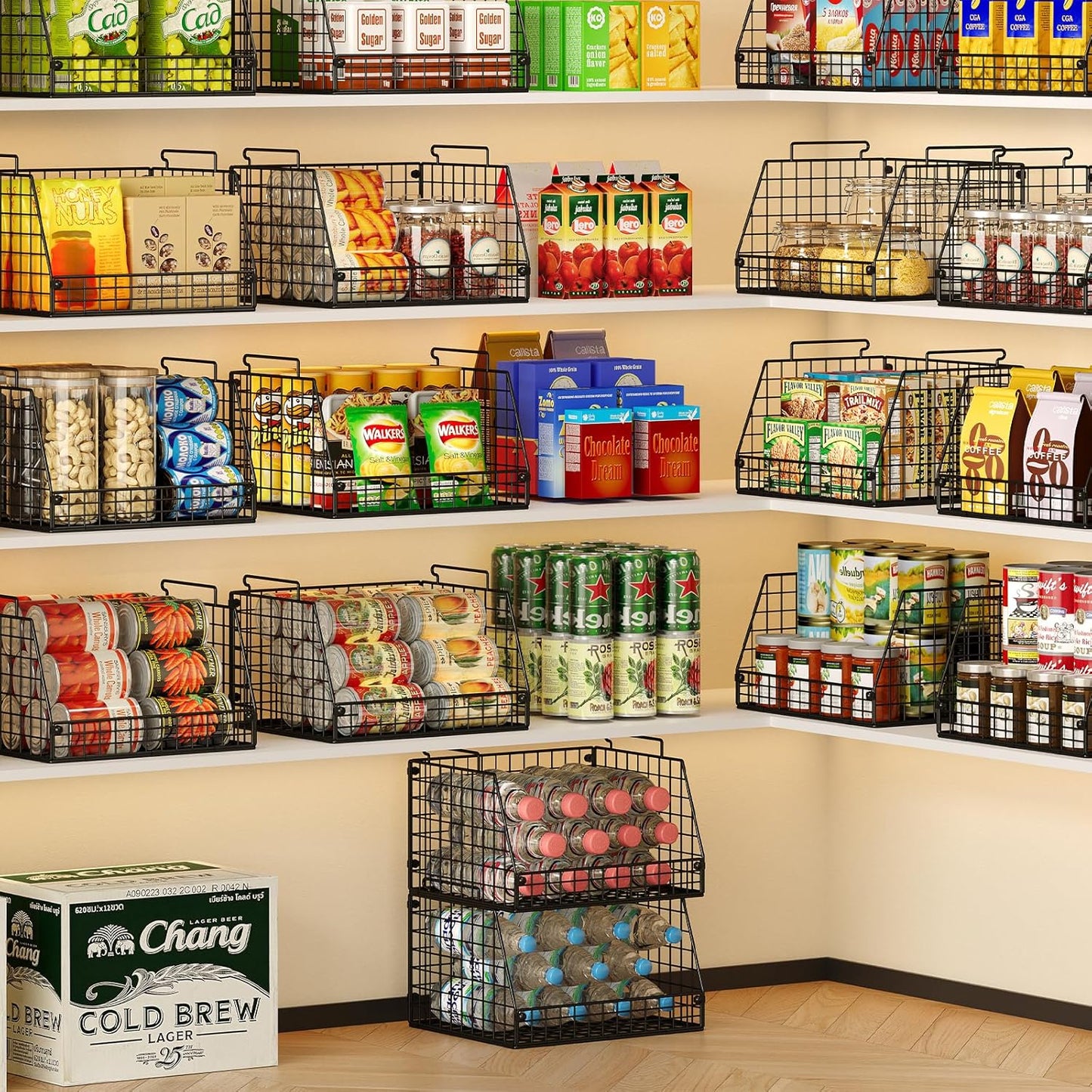 4 Pack XXL Stackable Wire Storage Basket, Extra Large Capacity Pantry Organizer and Storage